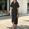 Fashion Elegant Printed Pleated Shirt Dress Women Solid Plus Size Short Sleeve Casual Dress Summer Office Lady Buttons Loose Long Dresses 909