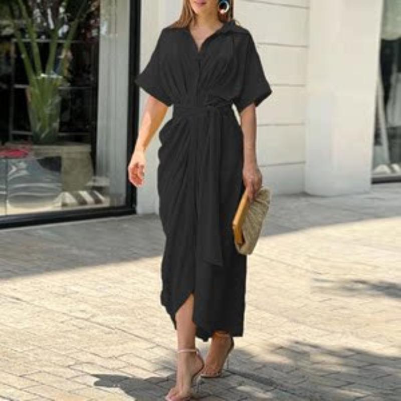 Fashion Elegant Printed Pleated Shirt Dress Women Solid Plus Size Short Sleeve Casual Dress Summer Office Lady Buttons Loose Long Dresses 909