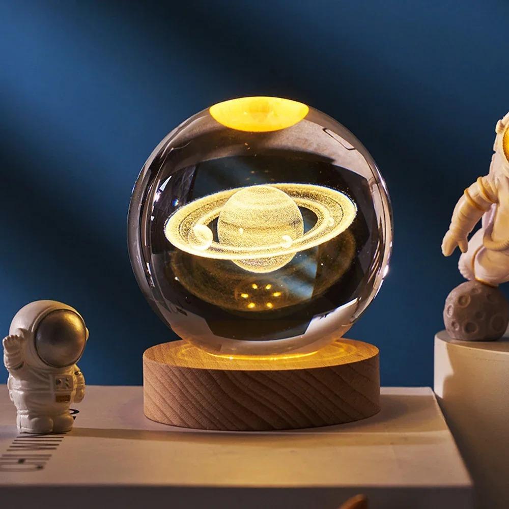 Hot 6cm 3D Crystal Ball Stitch Pikachu Wooden Base with 6cm Crystal Ball Planet Night Light Laser Carving Children's Gifts
