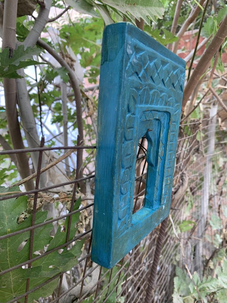 Handcrafted Wooden Wall Frame – Distressed Turquoise Jharokha – Indian Heritage Decor – Vintage Style Wall Hanging