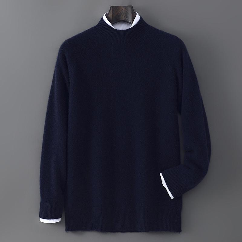 Men s Half-High Collar Wool Sweater - Casual Loose Knit, Long Sleeve, 100% Pure Wool XL