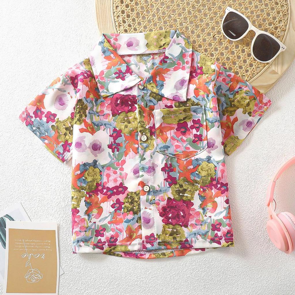 2026 Summer Short Sleeve Shirts for Boys and Girls Baby Spring Lapel Cartoon Top for Children Floral Shirt