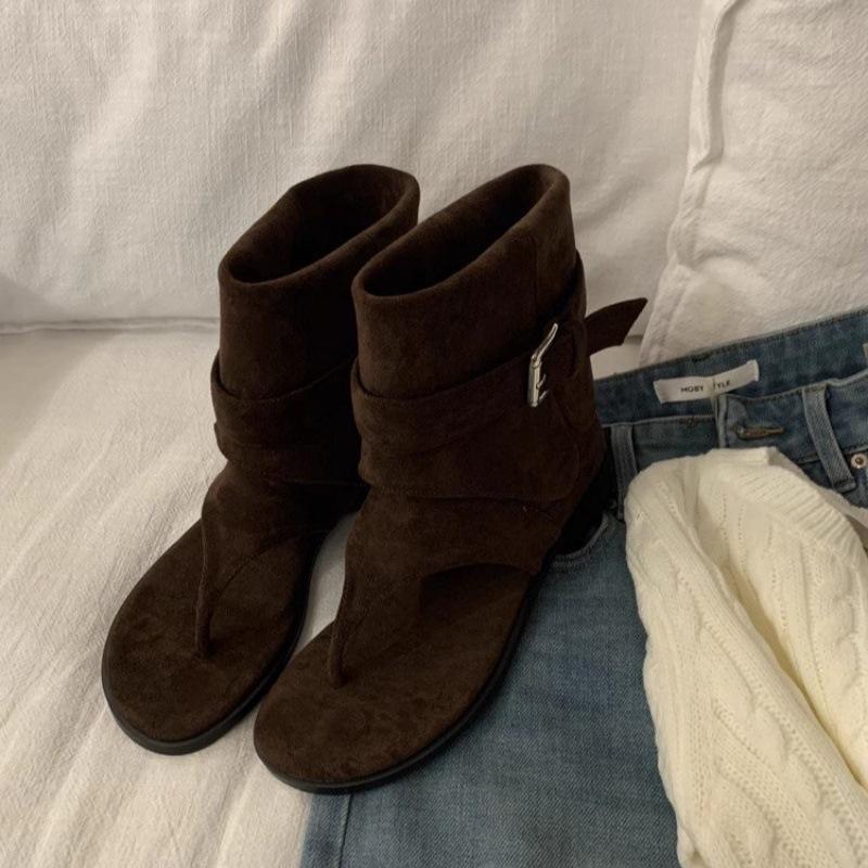 

Spring and summer 2025 new Korean herringbone toe round head flat bottom height increase medium tube cool boots suede trousers boots women 39 темно-коричневого