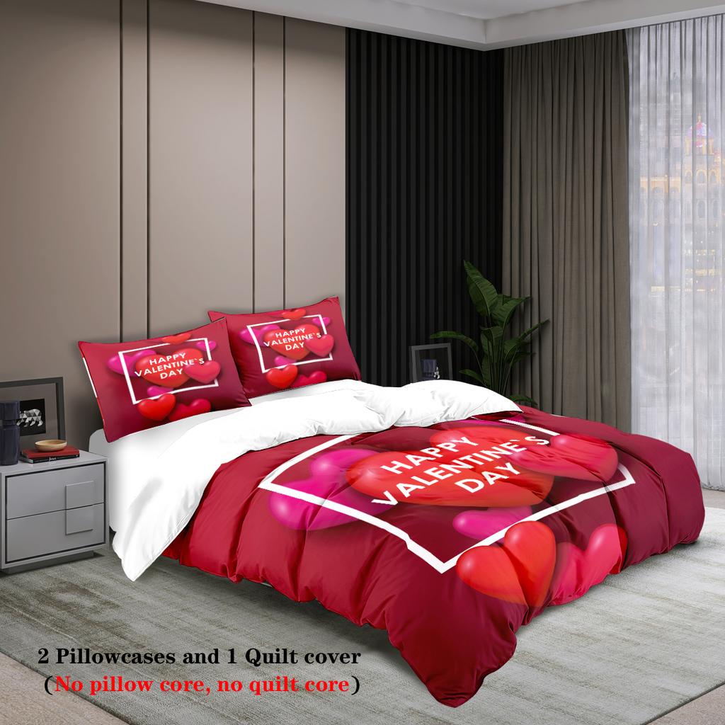 Three-piece Set (1 Quilt Cover + 2 Pillowcases, Coreless) Red Couple Romantic Love Element Printed Bedding Set