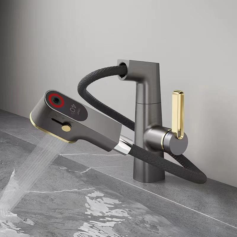 Intelligent Digital Display LED Basin Faucet Pull Out Elevate Rotation Water Mixer Sink Tap Bathroom  Washbasin Vanity Faucet