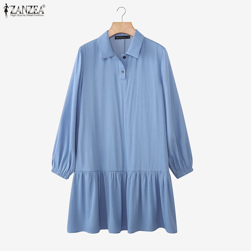 ZANZEA Women Casual Turn Down Collar Loose Long Sleeve Dress