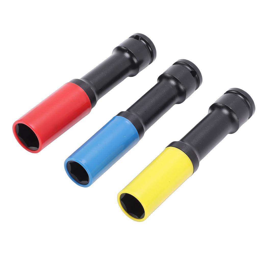 Juego de 3 Vasos Protectores de Rueda de Pared Fina 1/2 pulg Extra Largos para Impacto Profundos 17 19 21 mm Coloridos
