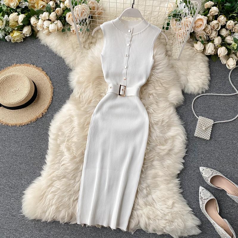 RUGOD European and American Dress Women's New Breasted Lace-up Waist and Hips Elastic Knitted Sleeveless Sexy Hip Dress