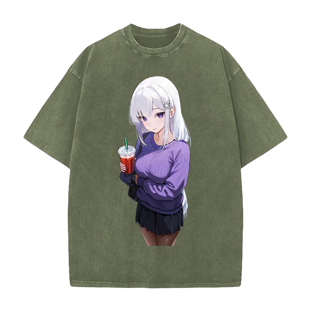 Anime Re ZERO Starting Life In Another World Emilia Clothing Men Women Tshirts Washed Cotton Tee Retro T-shirt Harajuku T Shirt