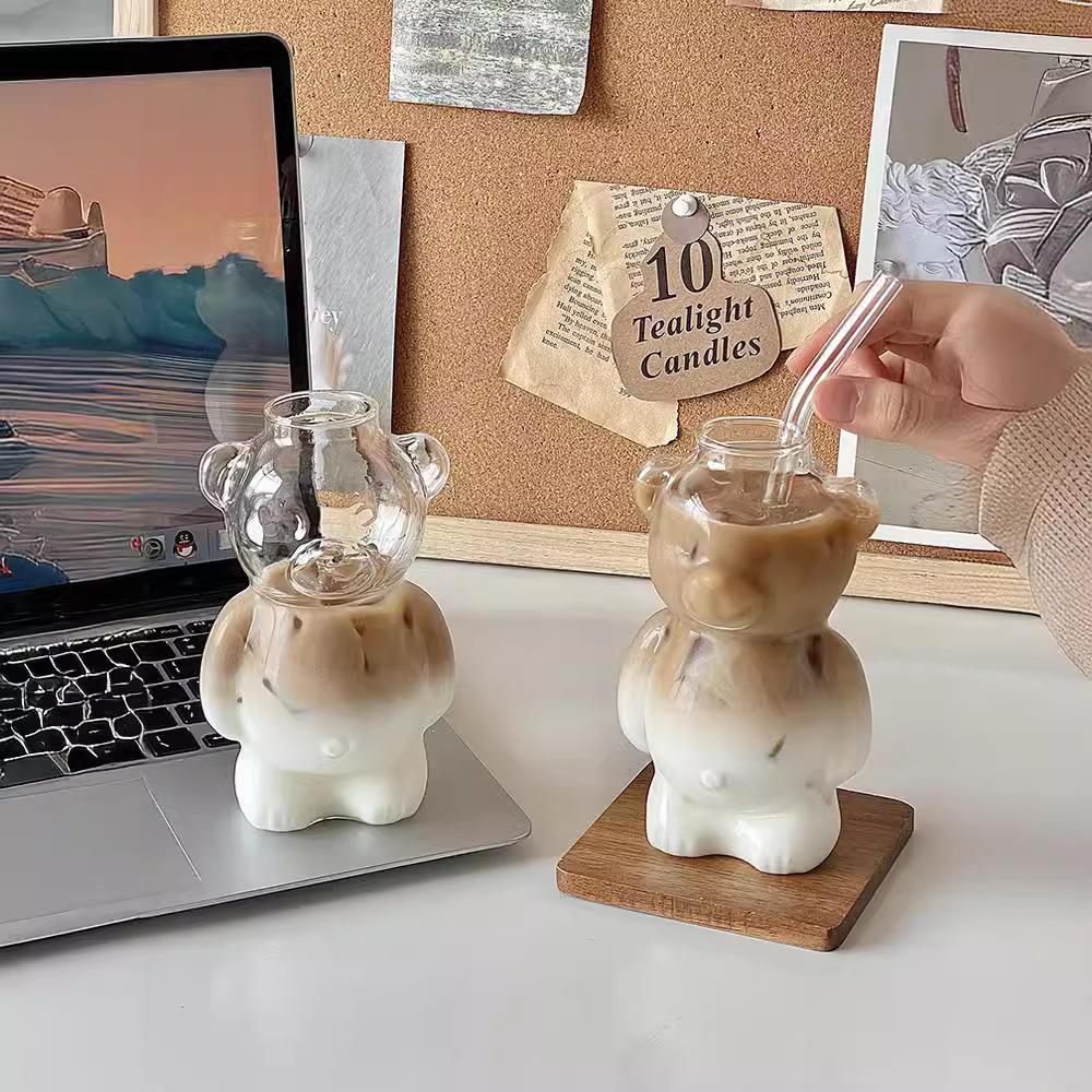 Cartoon Bear Shaped Glass Cup With Straw 300ml Transparent Juice Cocktail Glass Cup Restaurant Home Coffee Milk Cup 1/2pcs