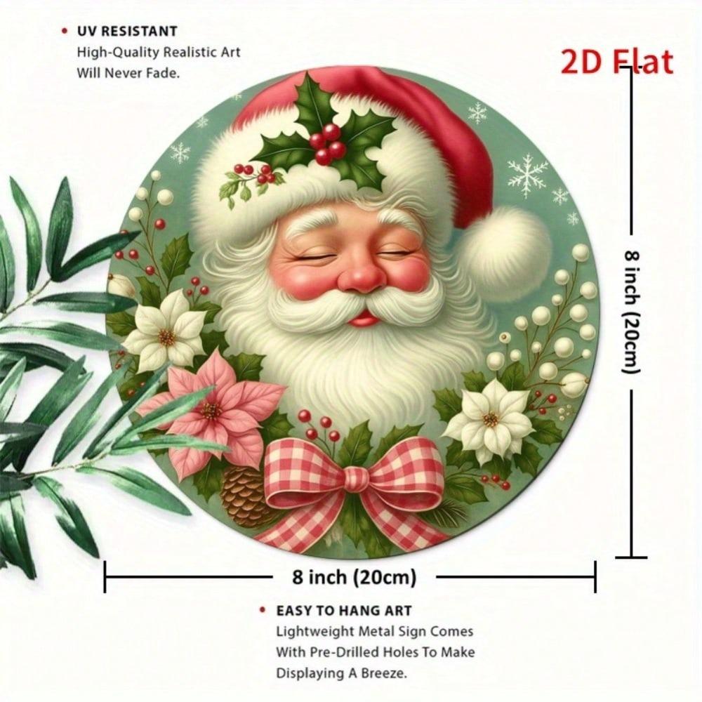 Christmas Santa Wreath Metal Wall Decor Red Bow Holly Poinsettia Round Iron Sign Farmhouse Garden Holiday Home Decoration