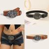 Leather Belt Punk With Hollow Rivet Decor And Letter Design Circular Buckle