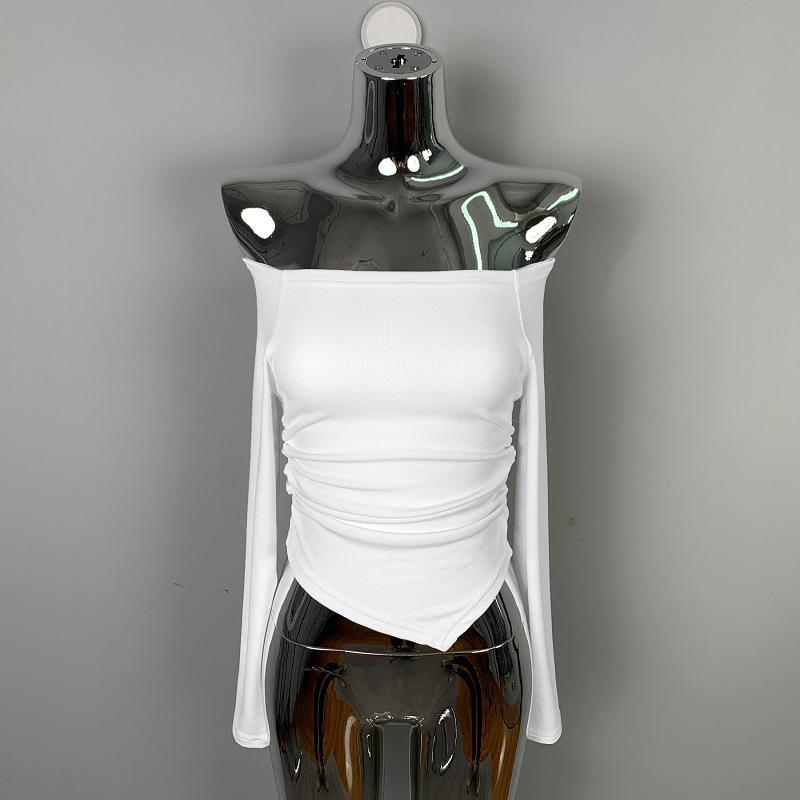 Korean Dongdaemun Irregular One-Shoulder Slimming Pleated Long-Sleeve T-Shirt for Women One Size белый