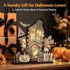 Halloween Party Atmosphere Decor 3D Village Haunted House Figurine, Spooky Light Up Wooden Castle Ornament Window Scene Decorative with Ghost Pumpkin