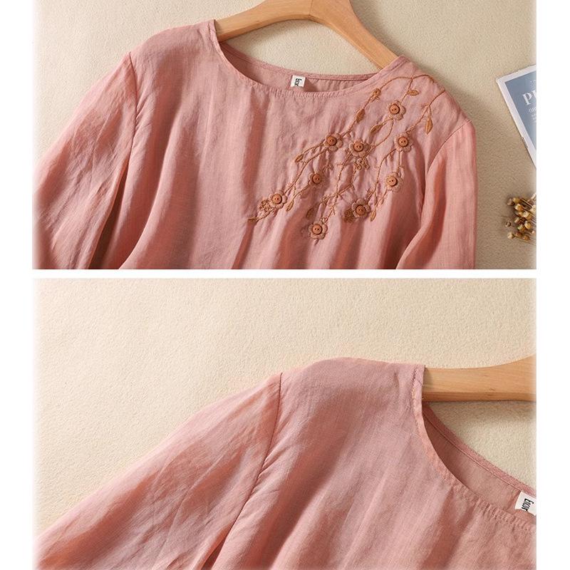 Dam 2024 Bomull-Linne Broderad Långärmad Retro Skjorta i Kinesisk Stil för Våren