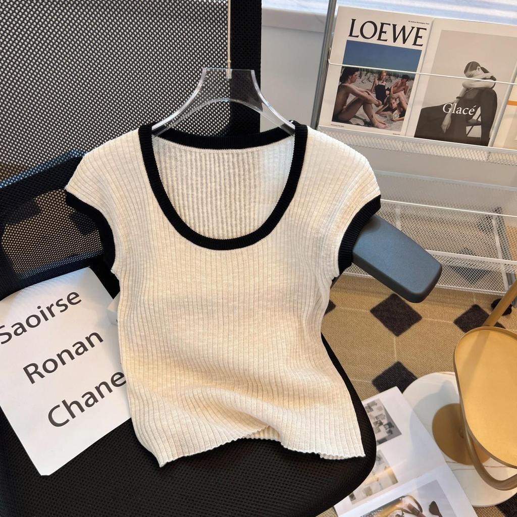 Top versatil de damă cu mânecă scurtă, tricotat în stil coreean, cu blocuri de culoare, de înaltă calitate, cu gât rotund