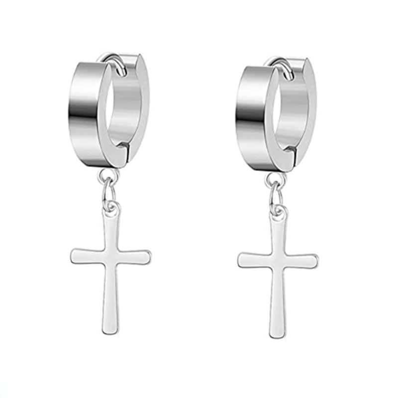 WKOUD 2PCS Stainless Steel No Piercing Cross For Men Kpop Clip On Cross Earring Gothic Punk Fake Ear Cuff Cross Earring Dangle