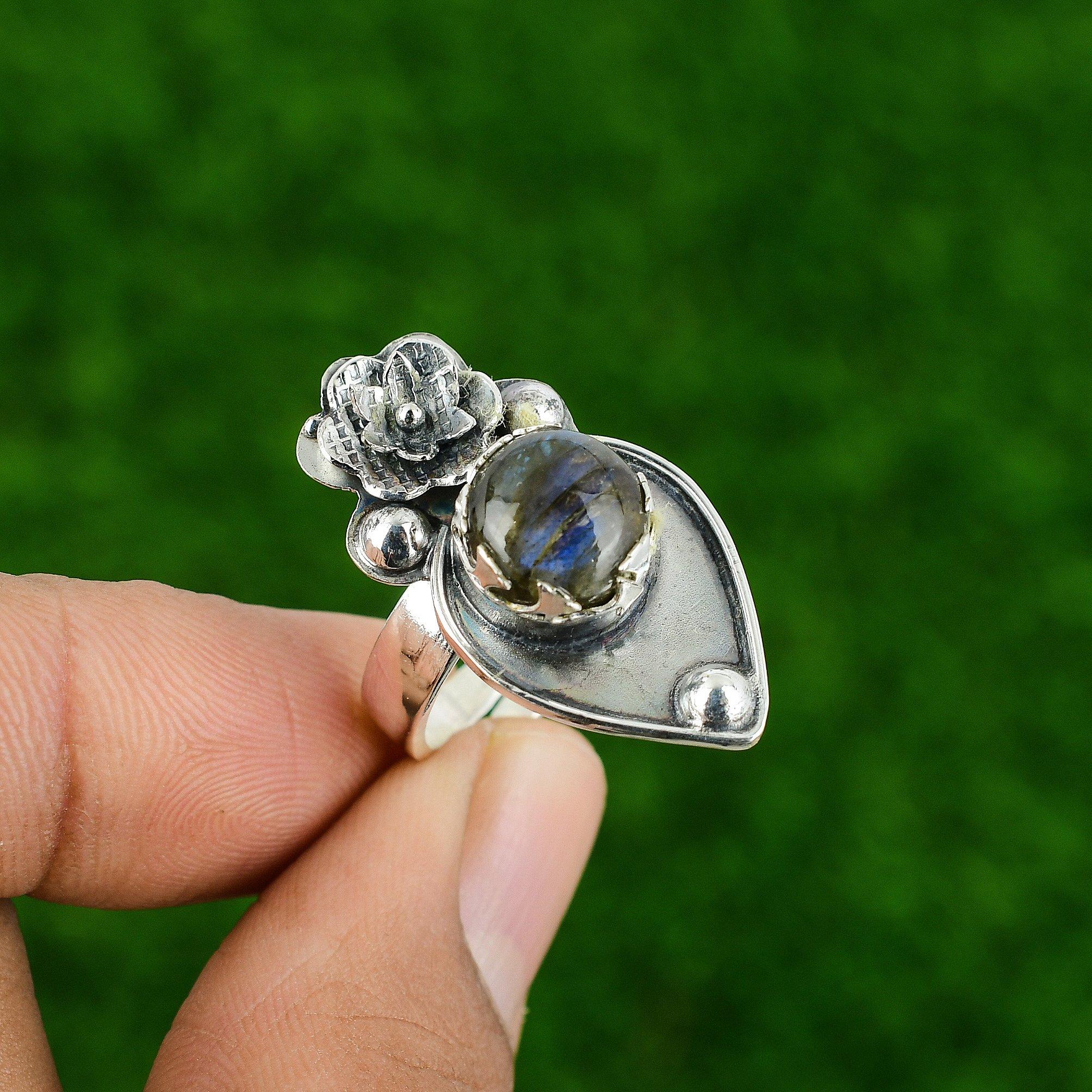 

Natural Labradorite Gemstone 925 Silver Promise Flower Adjustable Ring For Women Adjustable