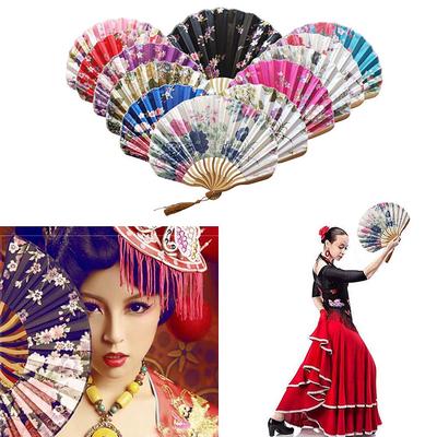 Classic Style Flower Fabric Bamboo Folding Dance Hand Fan Beige Summer Vintage Bamboo Folding Hand Held Fan Chinese Dance