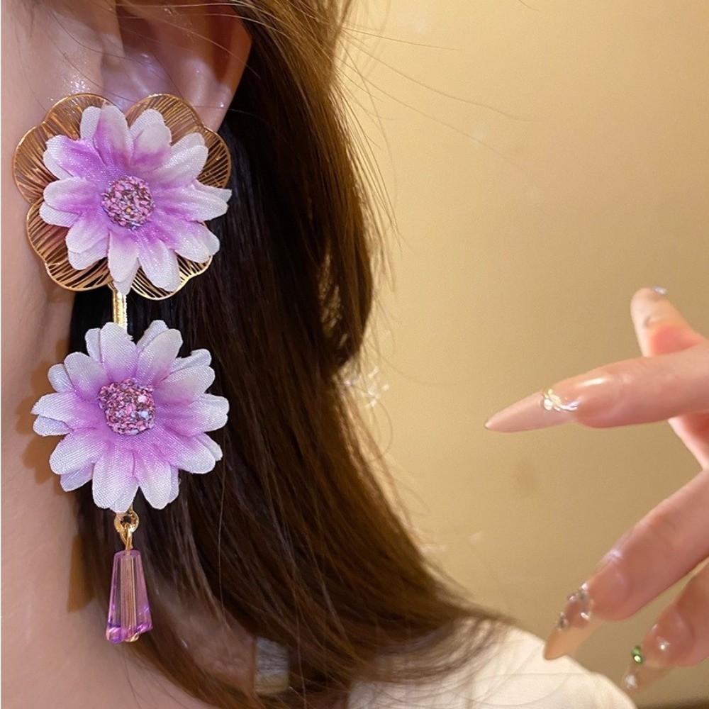 Colorful Fabric Flower Earrings Glass Crystal Drop Earrings Floral Pendant Earrings  Women Jewelry