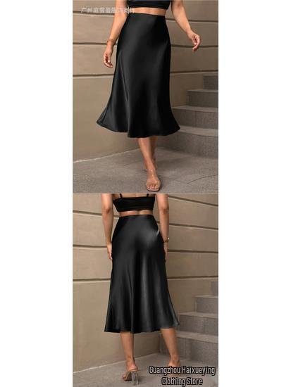 European & American Satin A-line Midi Skirt – Elegant Style, Polyester Fabric