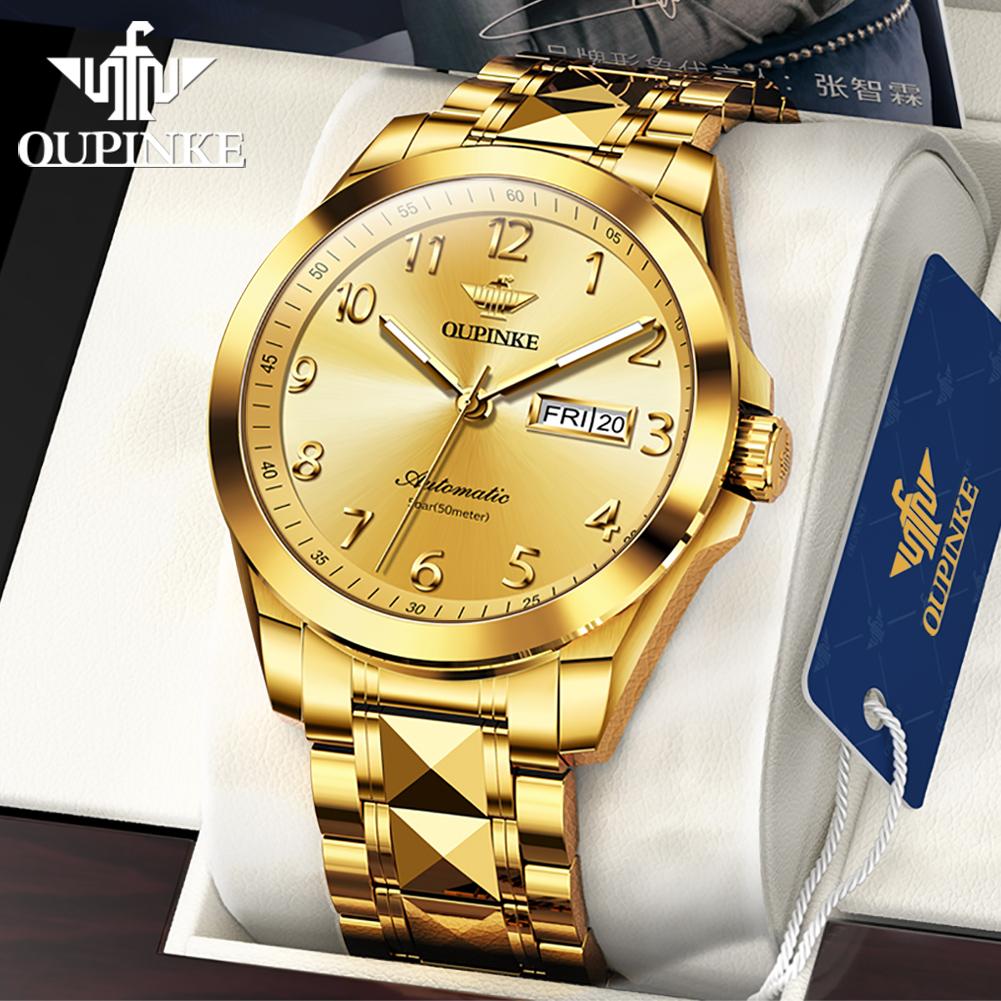 OUPINKE New Business and leisure Men's Watch Automatic Mechanical Watch Stainless Steel Business Double Calendar Anti-high-end Watch