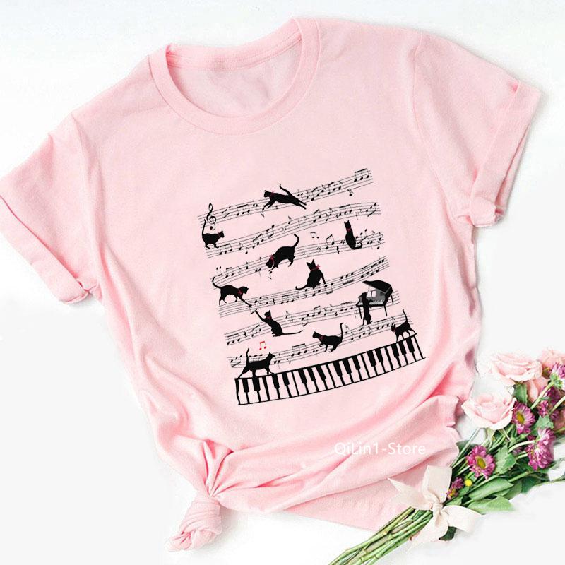 Camiseta De Gato Con Nota Musical Negra Para Mujer, Blusa Rosa Para Mujer, Camiseta Con Estampado De Gatito Encantador, Camiseta Para Mujer