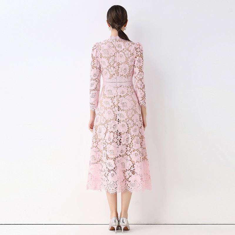 Vestidos Midi de Festa Femininos Vintage de Manga Comprida Vazados em Renda para Primavera Outono