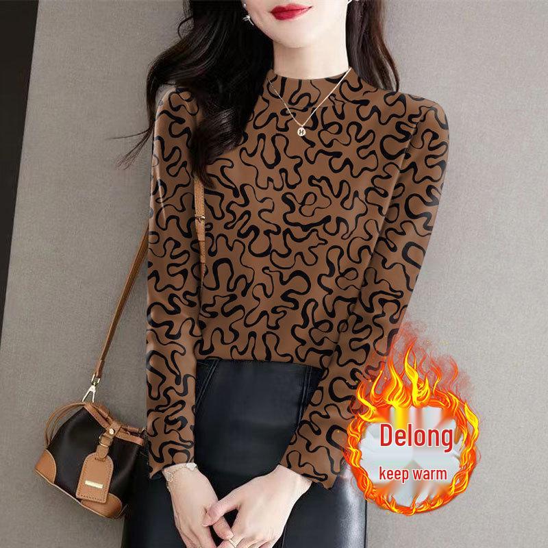 Women s Floral Print Ribbed Fleece Base Layer Top, Semi-High Neck, Long Sleeve, Elegant and Versatile for Fall/Winter L (90-105 lbs)