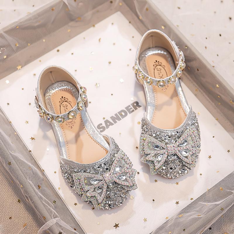 2026 Spring/Summer Rhinestone Bow Princess Shoes for Girls - Soft Sole Crystal Performance Footwear.