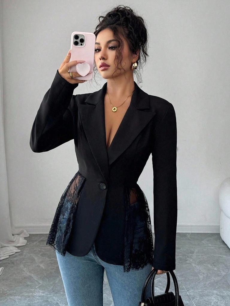 Spring New Arrivals Color Block Lace Waist Slim A-Line Women's Blazer Jacket