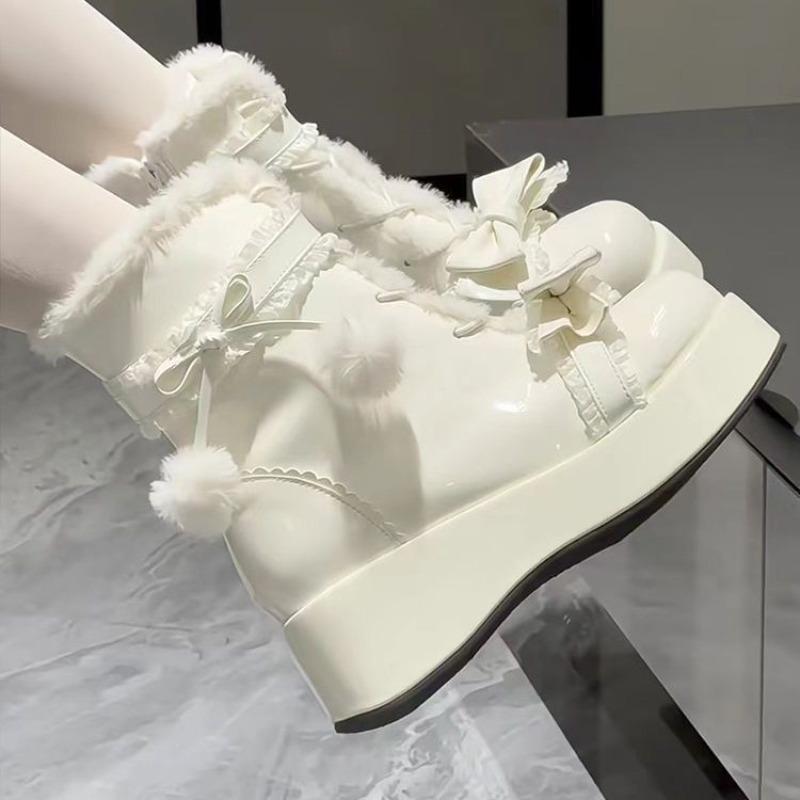 Sladké zimní dámské boty Kožešinové boty s mašlí pro ženu Roztomilé kožené Dívčí Lolita Sněhule Podpatek Zvyšující Teplé boty Botas Mujer