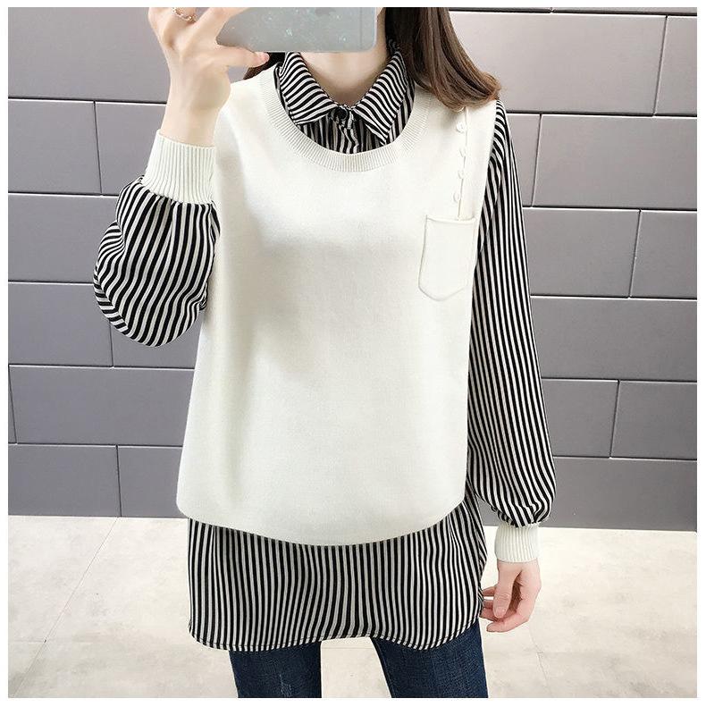 Sweater Women Autumn New Outer Wear Loose Shirt Collar Fake Two Piece Knit Sweater