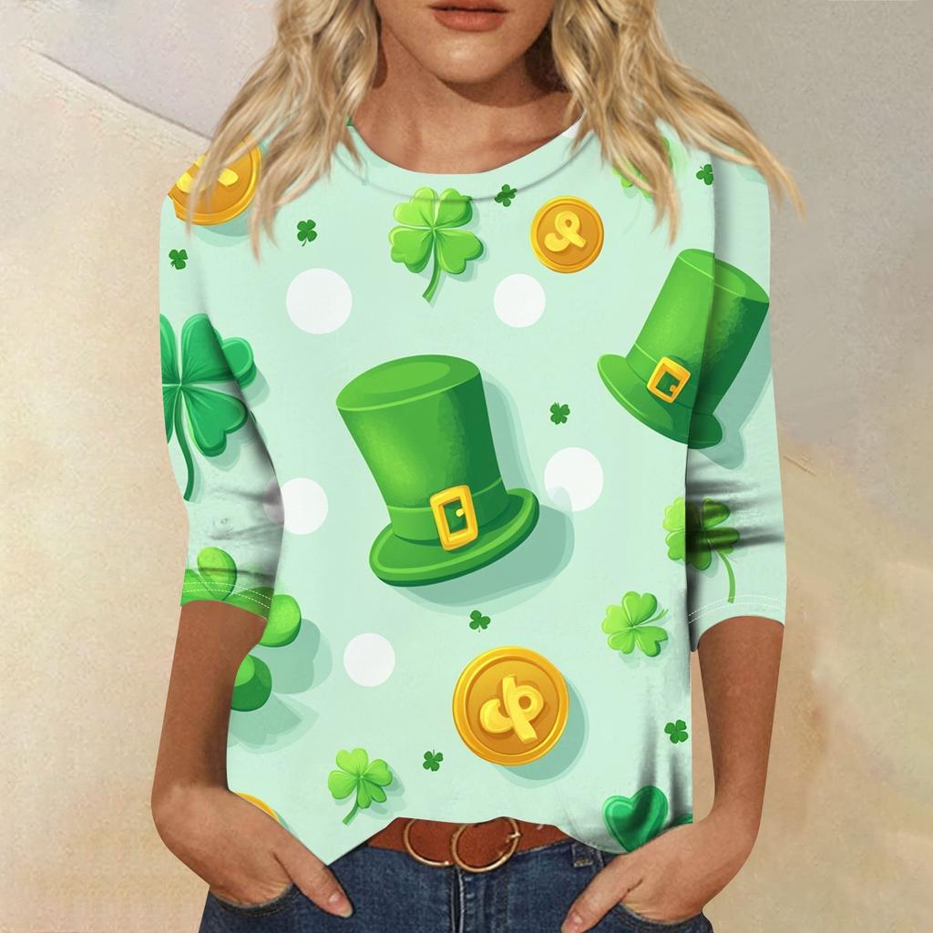 3/4 Sleeve Top Women's T-shirt Casual St. Patrick's Day Printed Top T-shirt Crew-neck Jumper