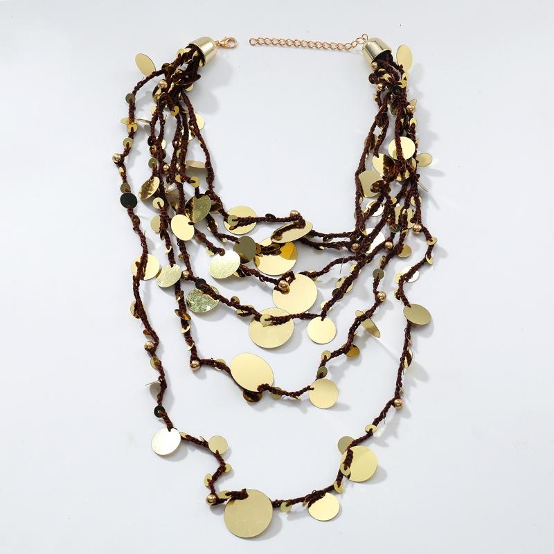Boho Multilayer Stacked Handmade Round Sequin Waterfall Necklace For Women Vintage Indian Ethnic Style Jewelry Neck Accessories