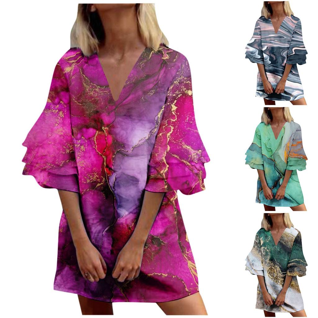 Women's Fashion Summer Temperament Elegant Fresh Printed V-Neck 3/4 Sleeves Dress