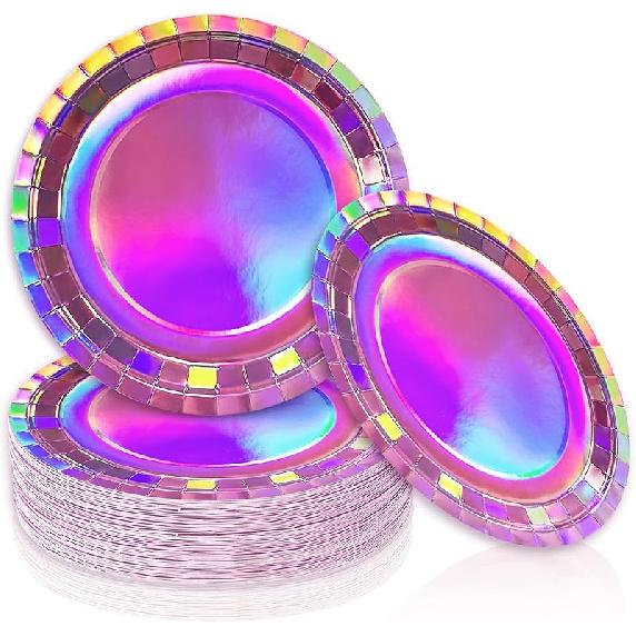 50Pcs Iridescent Snowflake Paper Plates Holographic Winter Wonderland Disposable Plates 9 Inch Christmas Dinner Dessert Plates for Winter Xmas Iridescent Pink