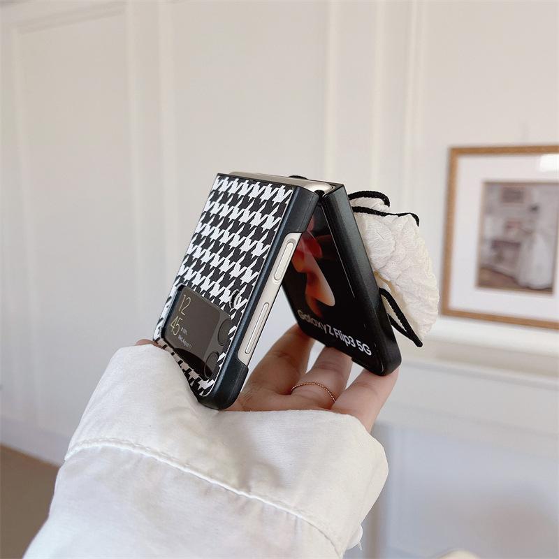 Applicable to Samsung ZFlip3 plaid folding mobile phone case, Japanese and Korean zflip4 generation bow leather hard case protective case