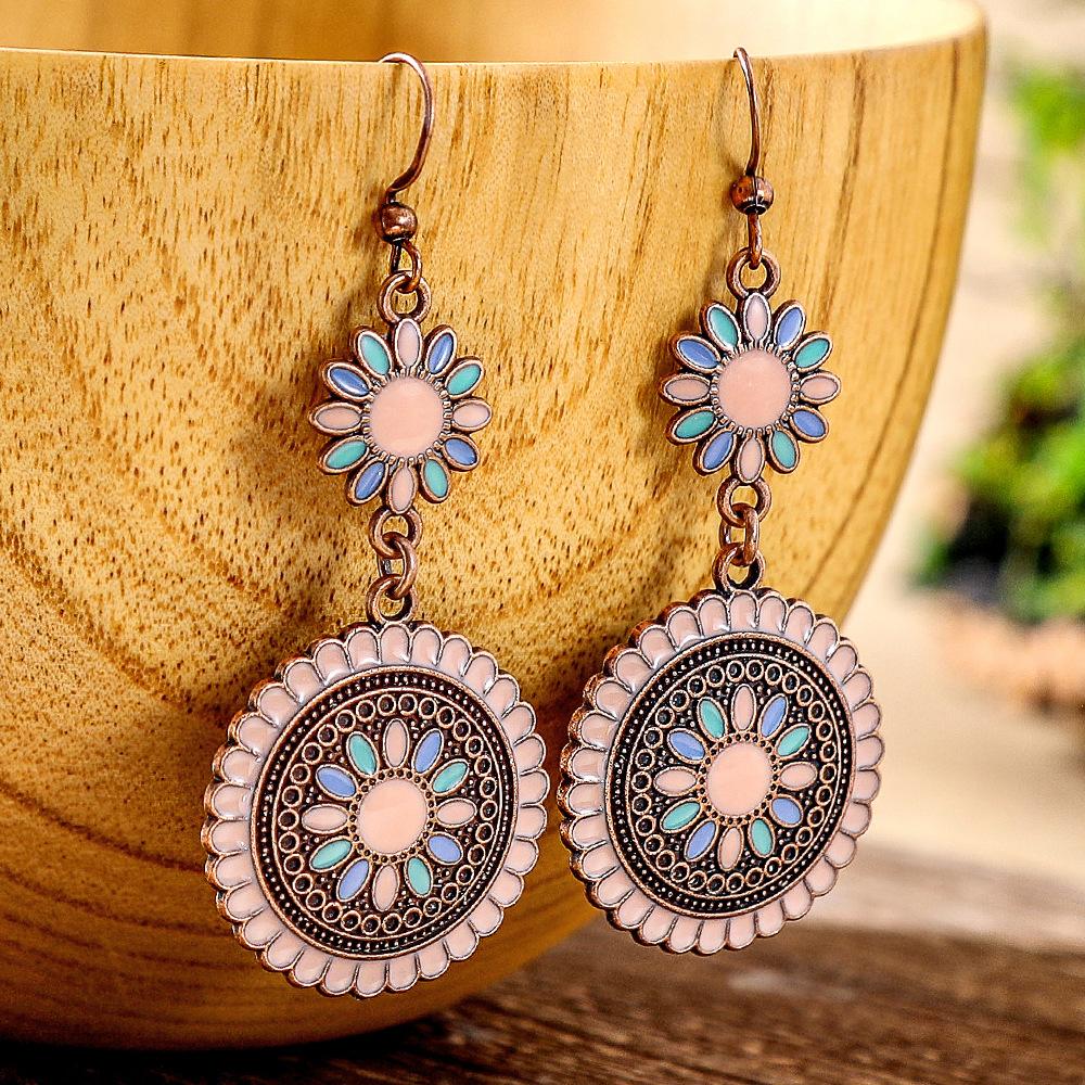 12 Colors Ethnic Vintage Enamel Sun Flower Earrings for Women Elegant Fresh Dangle Earrings Boho Vacation Party Jewelry