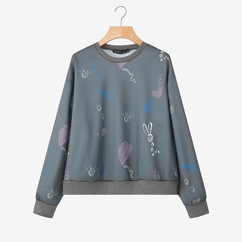 ZANZEA Women Casual Round Neck Long Sleeve Print Pullover Tops