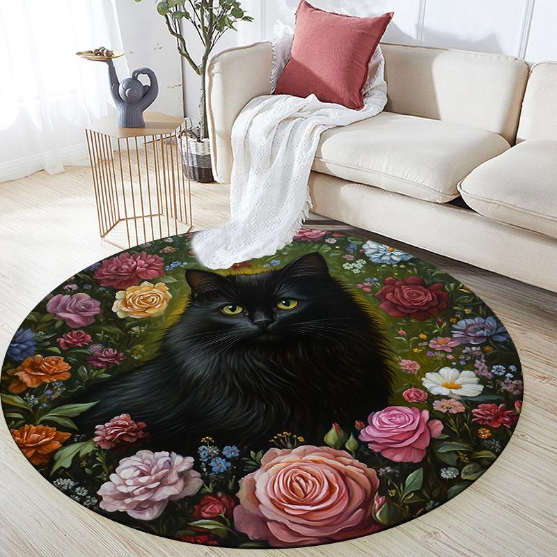 Floral Cat and Dog  Round Area Rug,Carpet Rug for Living Room Bedroom Sofa Playroom Decor,Non-slip Floor Mat