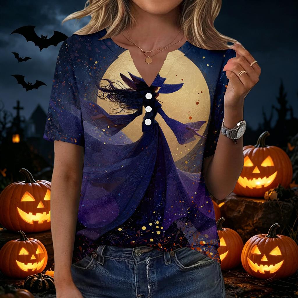 Women's Casual V Neck Button Front Top Halloween Print Short Sleeve Relaxed Fit Blouse Lightweight Breathable Fabric