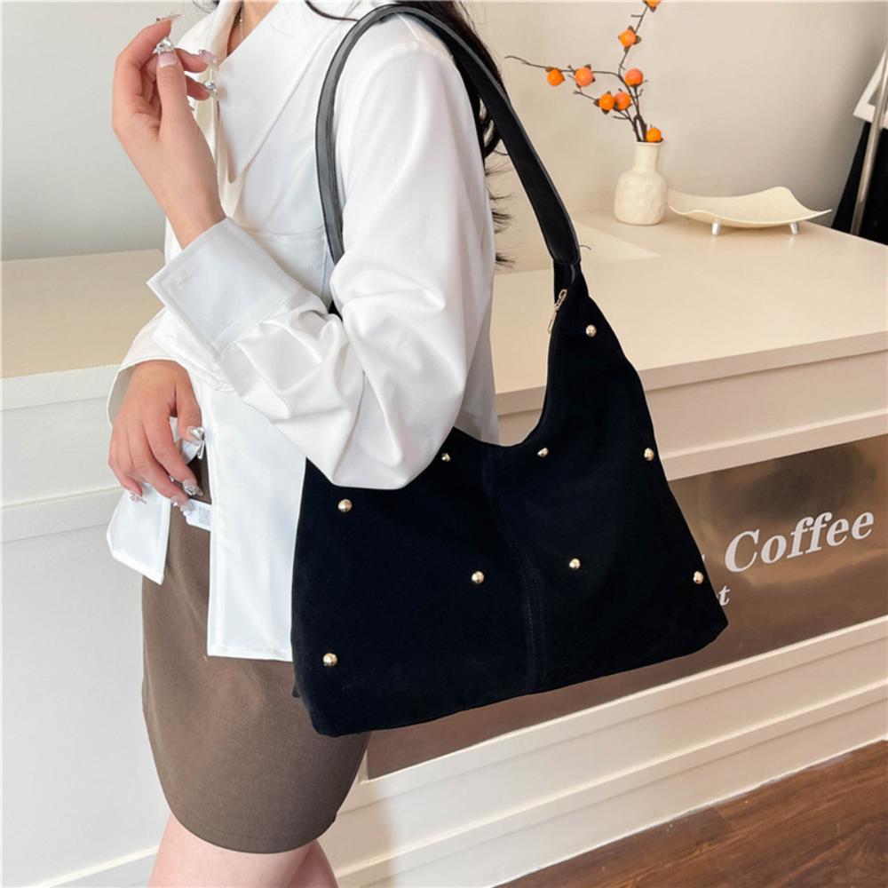 Fashion Simple Rivet Handbag Large Capacity Velvet Tote Bag With Leather Handle Autumn Winter Women Shoulder Bag Shopping Bag