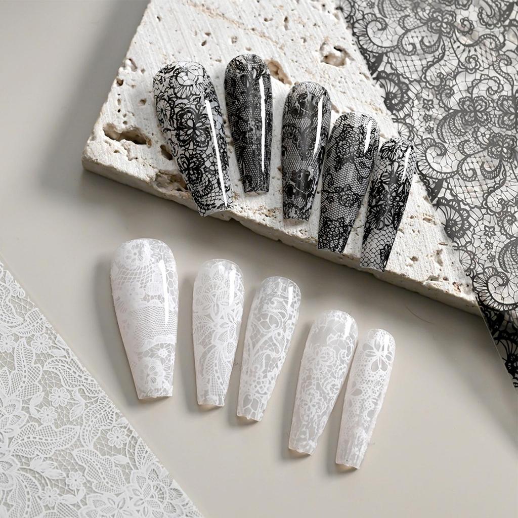 NEW Nail Lace Stickers Self-Adhesive DIY 10 Rolls Black And White Nail Foil Transfer Stickers For Home Salon Travel Women Girls