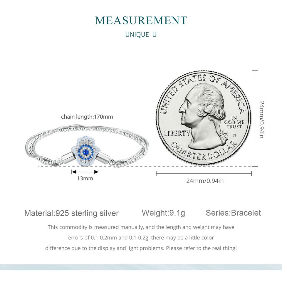 WOSTU Pulseira de corrente básica de prata esterlina 925 com mão de Fátima e corrente de cobra empilhada para mulheres, pingentes faça você mesmo, joias finas de zircônia azul