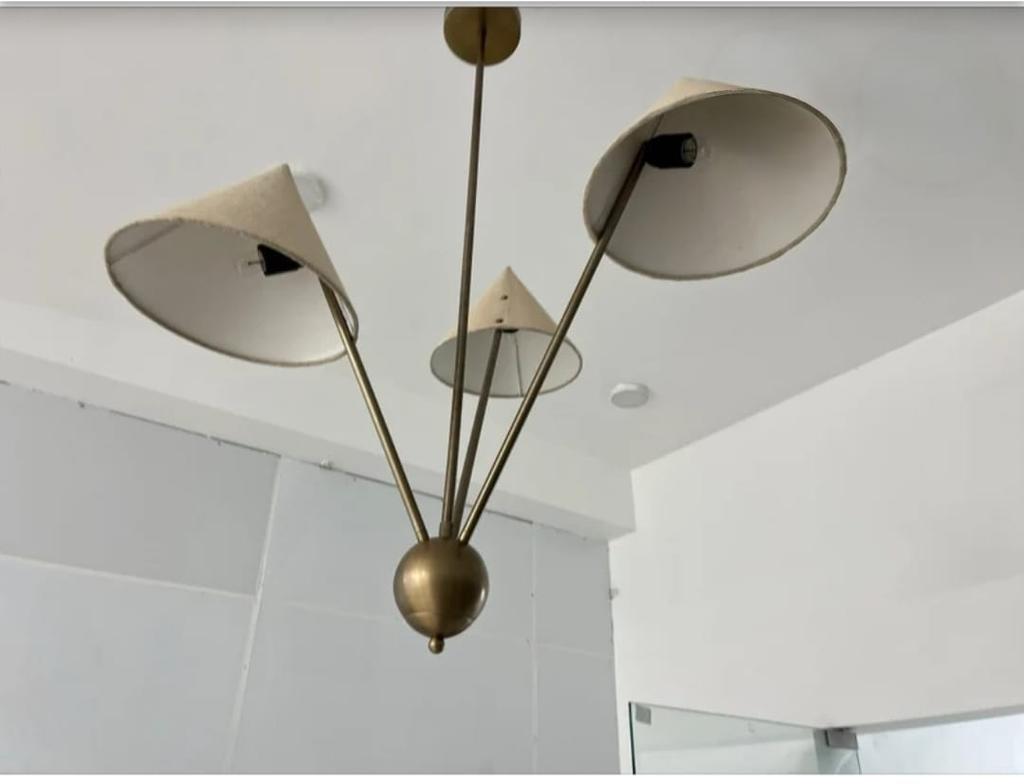 3 Light Fabric Shades Pendant Mid Century Modern Raw Brass Sputnik Chandelier Light Fixture