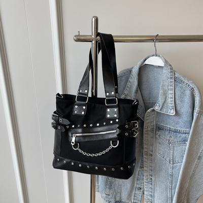 High Capacity Gothic Style Patchwork Leather Women's Bags Personality Design Retro Buckle Single Shoulder Crossbody Bag