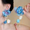 Ins Fresh Mori Blue Gradient Floral Crystal Fringe Drop Earrings High Texture Minimalist Niche All-Match Daily Ladies Ear Ornaments