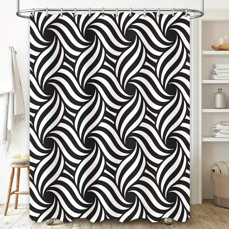 Black and White Swirl Shower Curtain for Bathroom Decor Stylish Modern Pattern Printed Polyester Fabric with Hooks