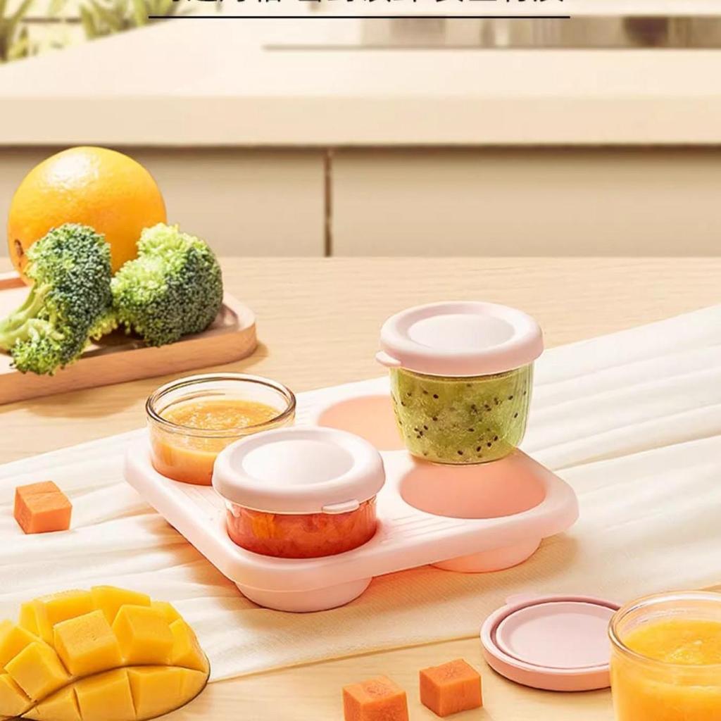 Baby Food Containers, 2.6oz 75ml Set of 4 Glass Baby Food Jars, Small Food Storage Containers with Lids and Stackable Tray, BPA-Free